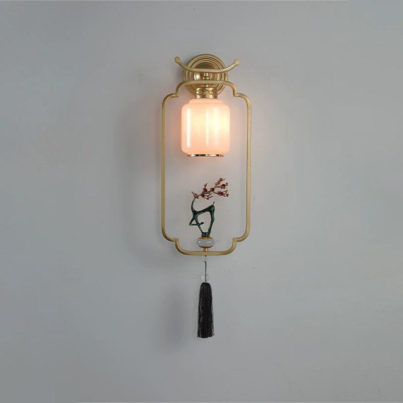 Traditional Chinese Welcoming Pine Sika Deer Iron Hardware Glass 1 - Light Wall Sconce Lamp For Living Room