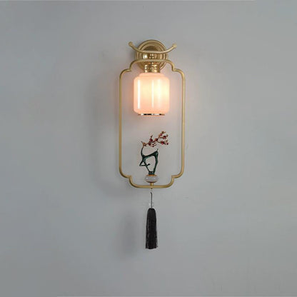 Traditional Chinese Welcoming Pine Sika Deer Iron Hardware Glass 1 - Light Wall Sconce Lamp For Living Room