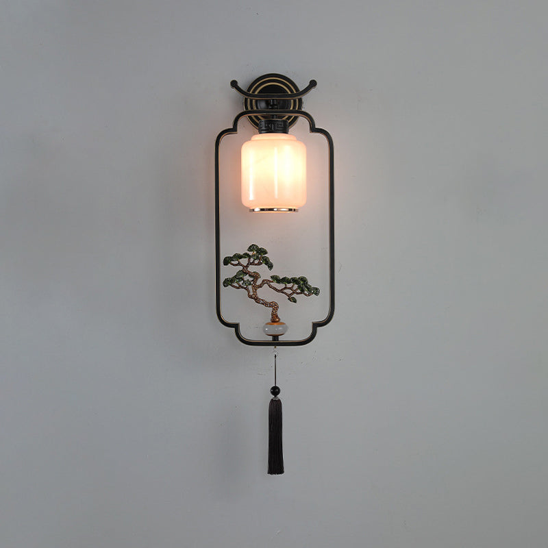 Traditional Chinese Welcoming Pine Sika Deer Iron Hardware Glass 1 - Light Wall Sconce Lamp For Living Room