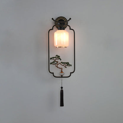 Traditional Chinese Welcoming Pine Sika Deer Iron Hardware Glass 1 - Light Wall Sconce Lamp For Living Room