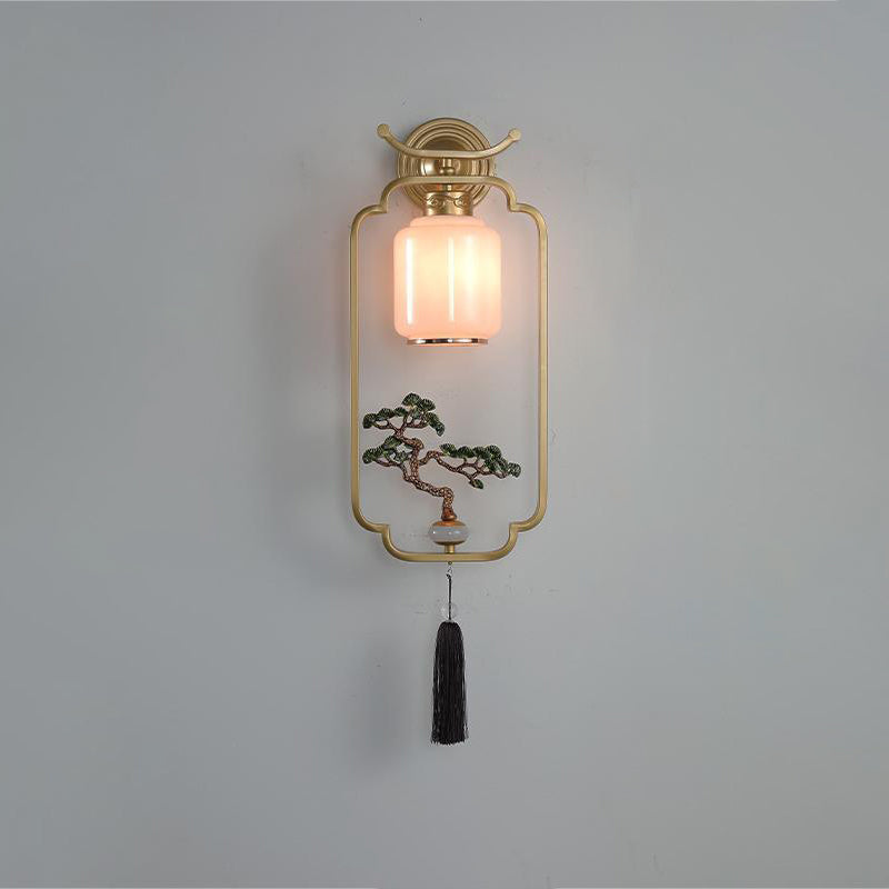 Traditional Chinese Welcoming Pine Sika Deer Iron Hardware Glass 1 - Light Wall Sconce Lamp For Living Room