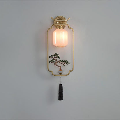 Traditional Chinese Welcoming Pine Sika Deer Iron Hardware Glass 1 - Light Wall Sconce Lamp For Living Room
