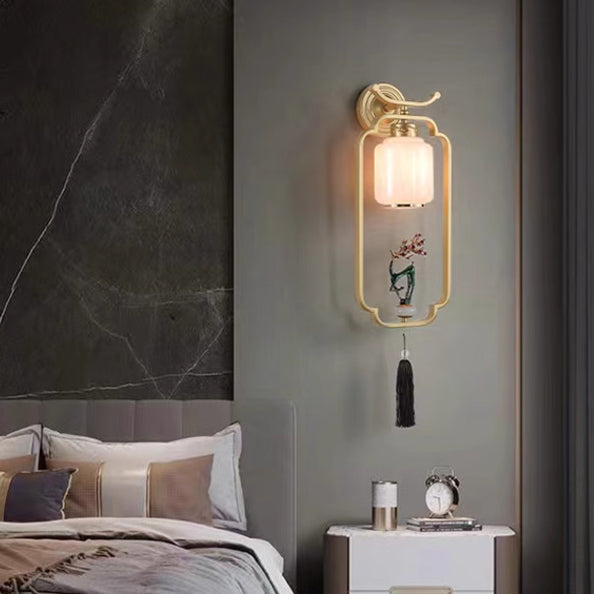 Traditional Chinese Welcoming Pine Sika Deer Iron Hardware Glass 1 - Light Wall Sconce Lamp For Living Room