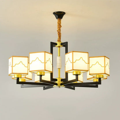 Traditional Chinese Square Pattern Fabric Lampshade Iron 6/8/10/15 - Light Chandeliers For Living Room