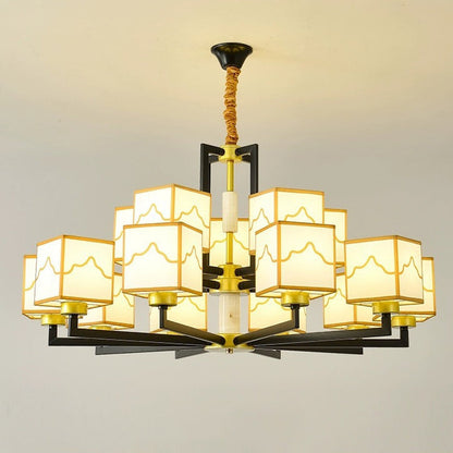 Traditional Chinese Square Pattern Fabric Lampshade Iron 6/8/10/15 - Light Chandeliers For Living Room