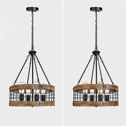 Traditional Rustic Cylinder Birdcage Shape Wood Grain Iron 4 - Light Chandeliers For Dining Room