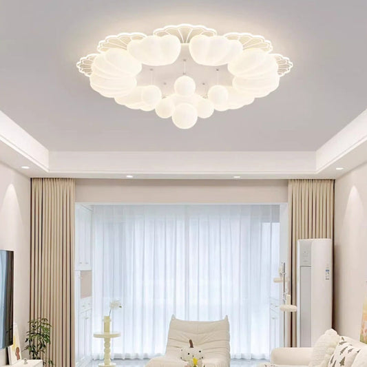 Contemporary Nordic Cream Flower Balls Crystal Iron PE Acrylic LED Flush Mount Ceiling Light For Bedroom