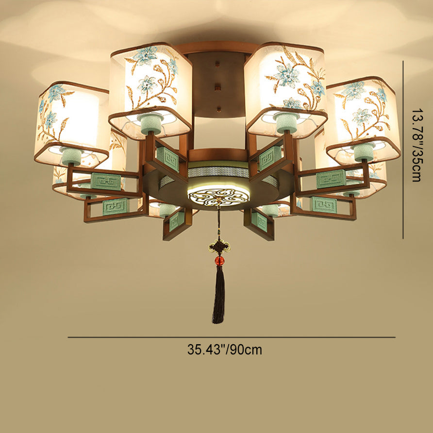 Traditional Chinese Square Fabric Pattern Embroidery Lampshade Iron 4/6/8 - Light Chandeliers For Living Room