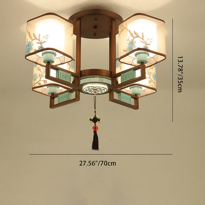 Traditional Chinese Square Fabric Pattern Embroidery Lampshade Iron 4/6/8 - Light Chandeliers For Living Room