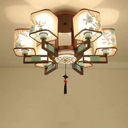 Traditional Chinese Square Fabric Pattern Embroidery Lampshade Iron 4/6/8 - Light Chandeliers For Living Room
