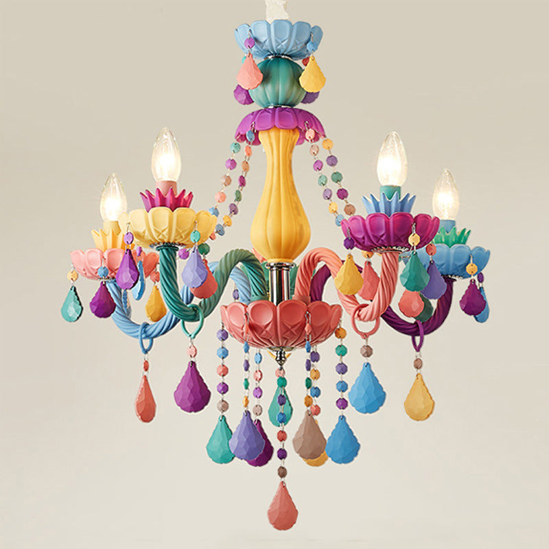 Contemporary Creative Macron Candle Shape Resin Iron Glass 5 - Light Chandeliers For Living Room