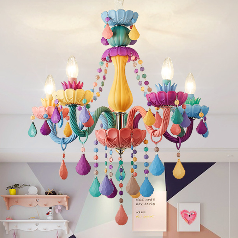 Contemporary Creative Macron Candle Shape Resin Iron Glass 5 - Light Chandeliers For Living Room