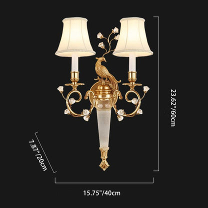 Traditional French Phoenix Full Copper Fabric Lampshade Crystal 2 - Light Wall Sconce Lamp For Living Room