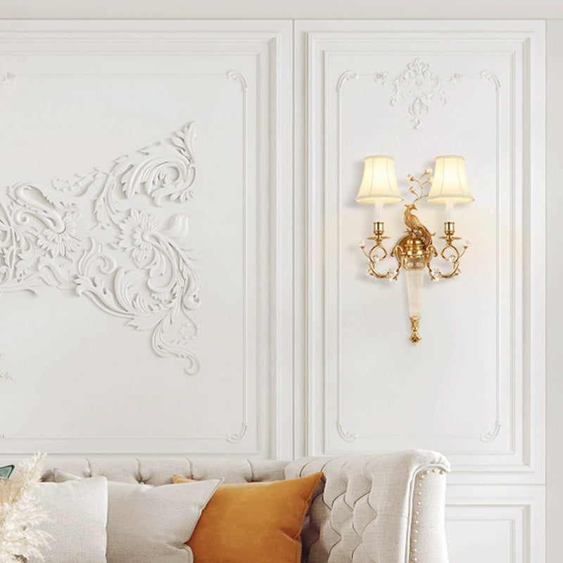 Traditional French Phoenix Full Copper Fabric Lampshade Crystal 2 - Light Wall Sconce Lamp For Living Room