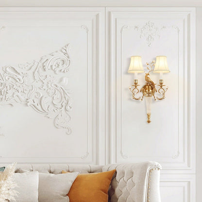 Traditional French Phoenix Full Copper Fabric Lampshade Crystal 2 - Light Wall Sconce Lamp For Living Room