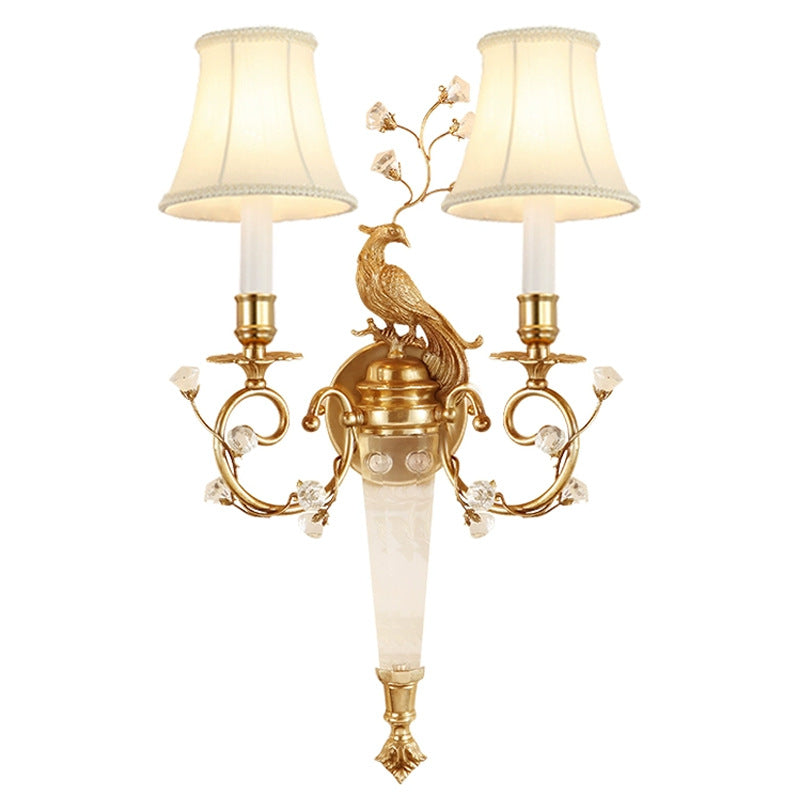 Traditional French Phoenix Full Copper Fabric Lampshade Crystal 2 - Light Wall Sconce Lamp For Living Room