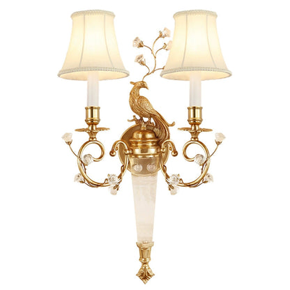 Traditional French Phoenix Full Copper Fabric Lampshade Crystal 2 - Light Wall Sconce Lamp For Living Room