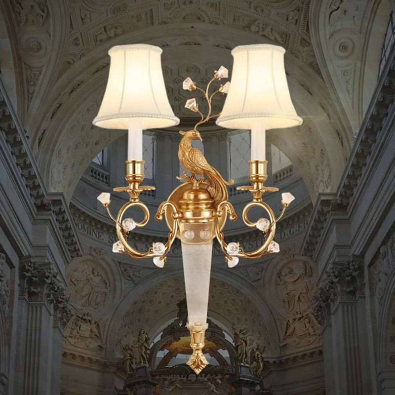 Traditional French Phoenix Full Copper Fabric Lampshade Crystal 2 - Light Wall Sconce Lamp For Living Room