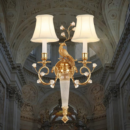 Traditional French Phoenix Full Copper Fabric Lampshade Crystal 2 - Light Wall Sconce Lamp For Living Room