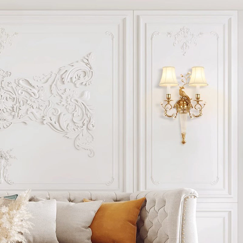 Traditional French Phoenix Full Copper Fabric Lampshade Crystal 2 - Light Wall Sconce Lamp For Living Room