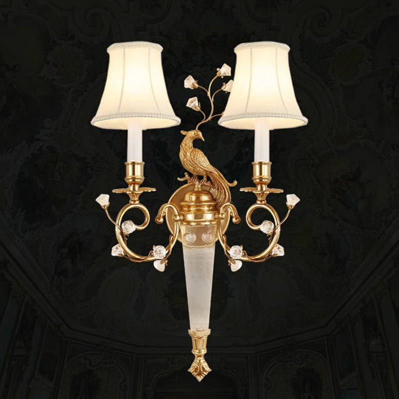 Traditional French Phoenix Full Copper Fabric Lampshade Crystal 2 - Light Wall Sconce Lamp For Living Room
