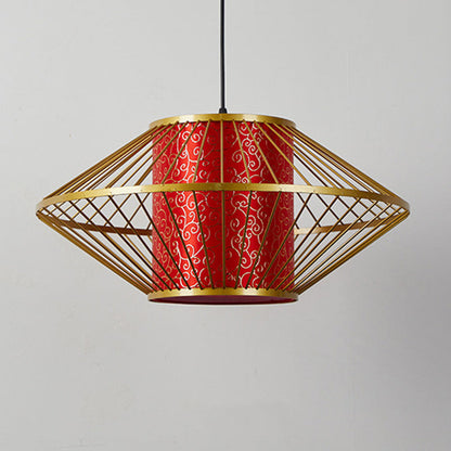 Traditional Chinese Cylinder Pattern Fabric Lampshade Iron 1 - Light Chandeliers For Dining Room