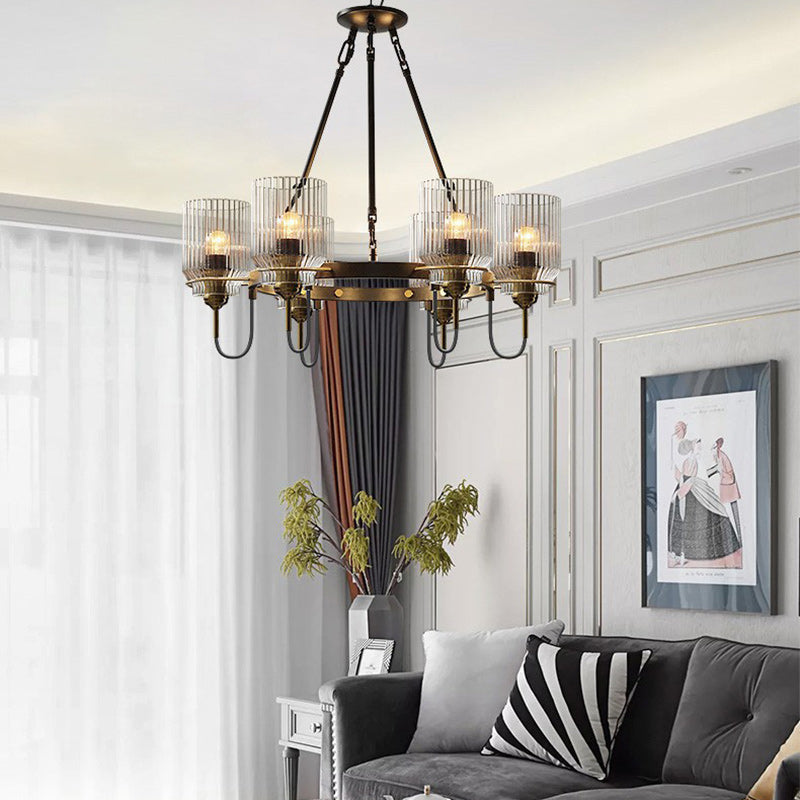 Contemporary Industrial Transparent Cylindrical Glass Lampshade Iron 6/8 - Light Chandelier For Living Room
