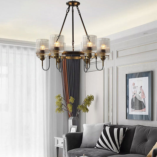 Contemporary Industrial Transparent Cylindrical Glass Lampshade Iron 6/8 - Light Chandelier For Living Room