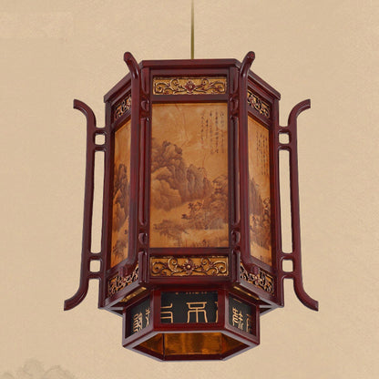 Traditional Chinese Lantern Shape Pine Imitation Sheepskin Lampshade 1 - Light Chandeliers For Dining Room