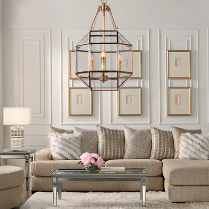 Contemporary Retro Polygonal Sphere Full Copper Glass Lampshade 3/4 - Light Chandelier For Living Room