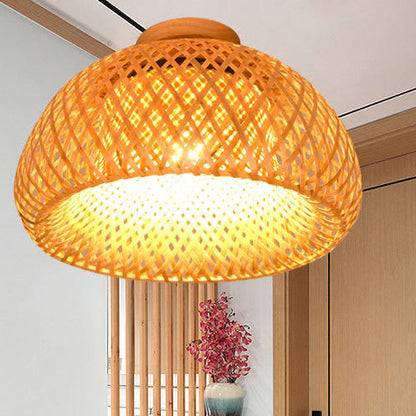 Contemporary Boho Dome Semicircle Bamboo Weaving Solid Wood 1 - Light Semi-Flush Mount Ceiling Light For Hallways