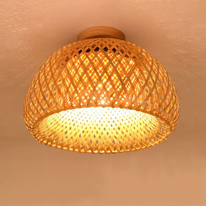 Contemporary Boho Dome Semicircle Bamboo Weaving Solid Wood 1 - Light Semi-Flush Mount Ceiling Light For Hallways