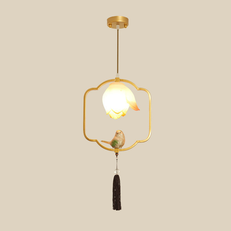 Traditional Chinese Iron Resin Lotus Bird Oval Shape Polygon 1 - Light Pendant Light For Dining Room