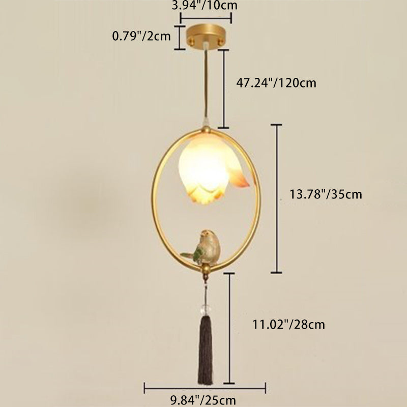 Traditional Chinese Iron Resin Lotus Bird Oval Shape Polygon 1 - Light Pendant Light For Dining Room