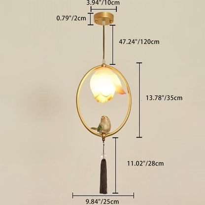 Traditional Chinese Iron Resin Lotus Bird Oval Shape Polygon 1 - Light Pendant Light For Dining Room