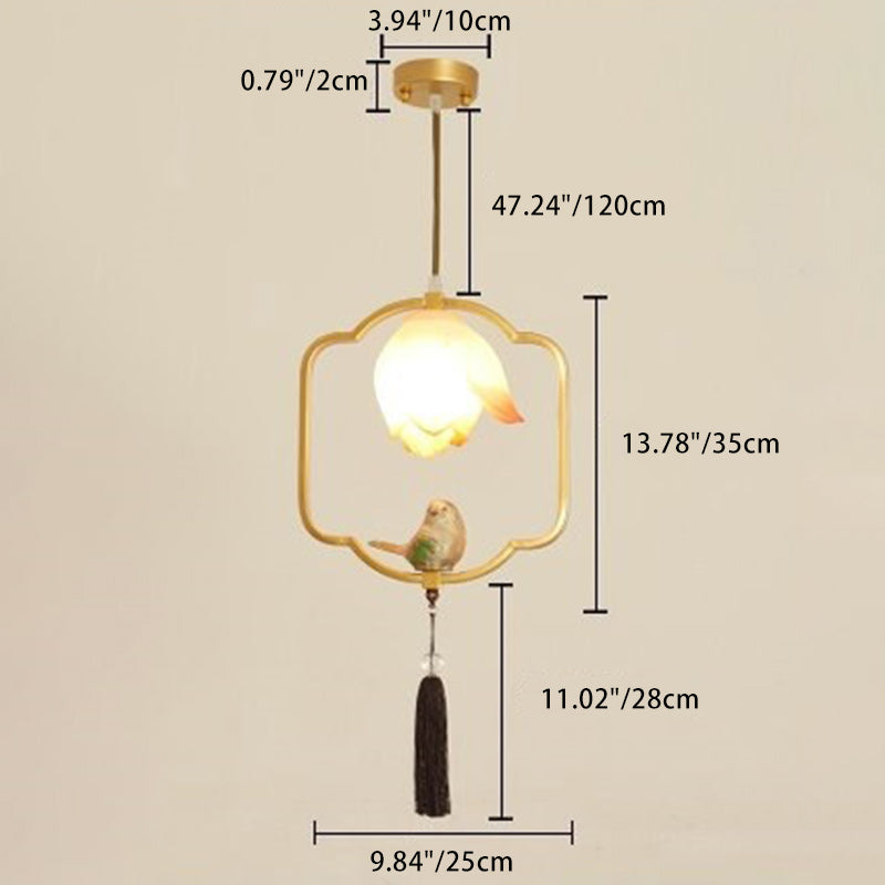 Traditional Chinese Iron Resin Lotus Bird Oval Shape Polygon 1 - Light Pendant Light For Dining Room