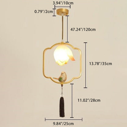 Traditional Chinese Iron Resin Lotus Bird Oval Shape Polygon 1 - Light Pendant Light For Dining Room