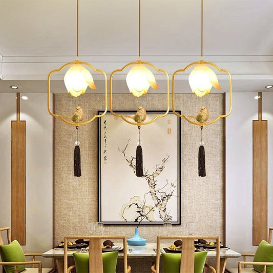 Traditional Chinese Iron Resin Lotus Bird Oval Shape Polygon 1 - Light Pendant Light For Dining Room