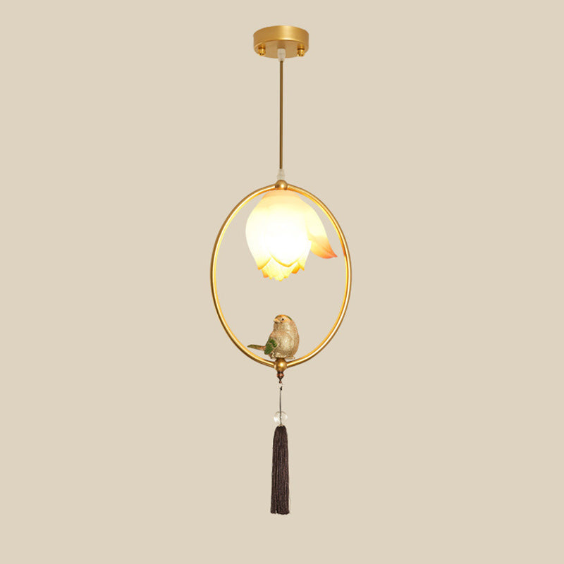 Traditional Chinese Iron Resin Lotus Bird Oval Shape Polygon 1 - Light Pendant Light For Dining Room