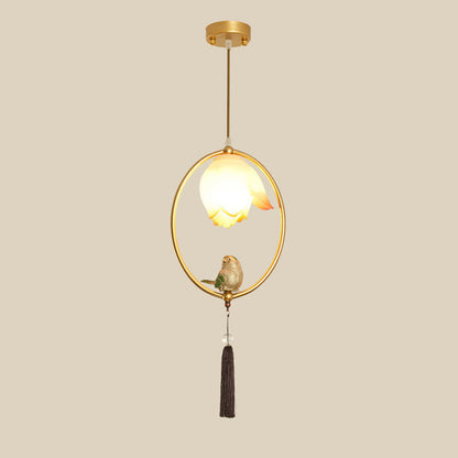 Traditional Chinese Iron Resin Lotus Bird Oval Shape Polygon 1 - Light Pendant Light For Dining Room