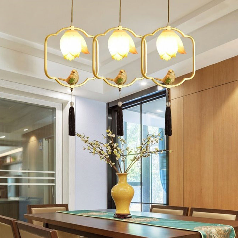 Traditional Chinese Iron Resin Lotus Bird Oval Shape Polygon 1 - Light Pendant Light For Dining Room