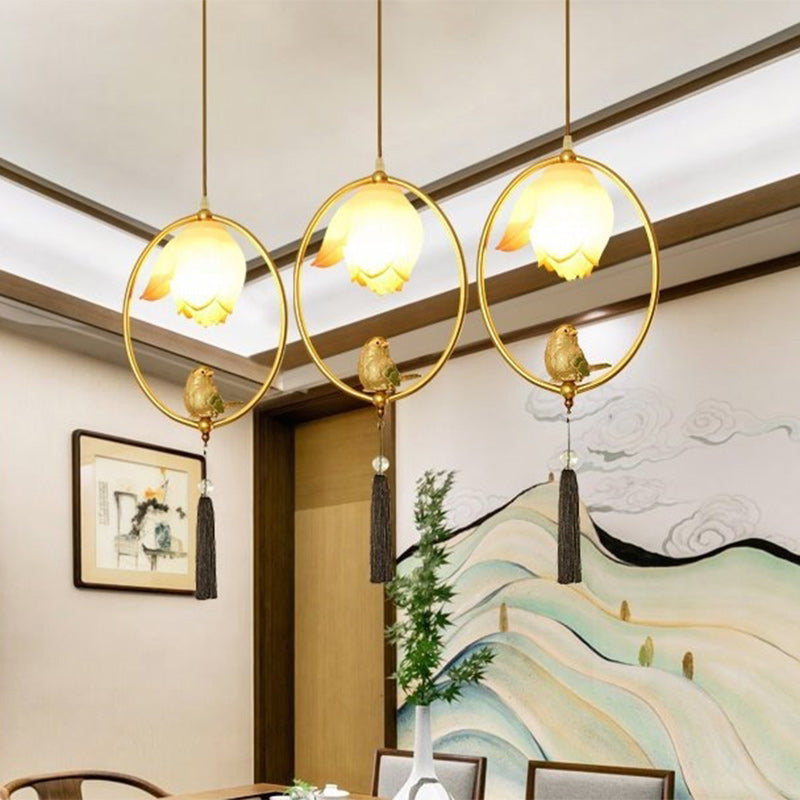 Traditional Chinese Iron Resin Lotus Bird Oval Shape Polygon 1 - Light Pendant Light For Dining Room