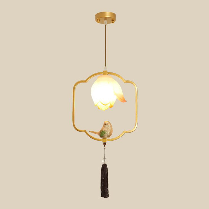Traditional Chinese Iron Resin Lotus Bird Oval Shape Polygon 1 - Light Pendant Light For Dining Room