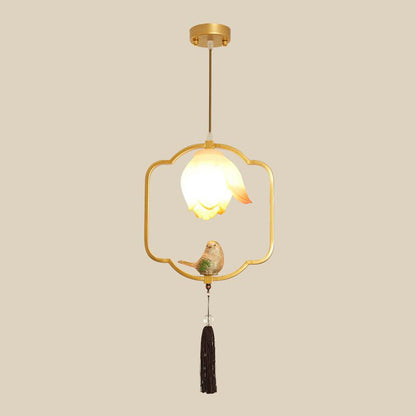Traditional Chinese Iron Resin Lotus Bird Oval Shape Polygon 1 - Light Pendant Light For Dining Room