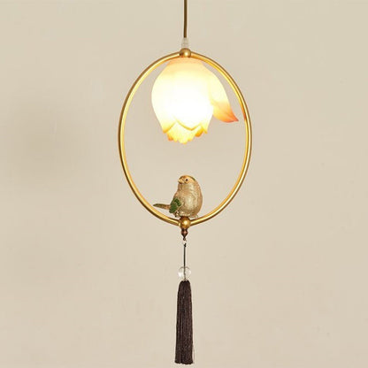 Traditional Chinese Iron Resin Lotus Bird Oval Shape Polygon 1 - Light Pendant Light For Dining Room