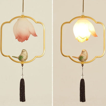 Traditional Chinese Iron Resin Lotus Bird Oval Shape Polygon 1 - Light Pendant Light For Dining Room