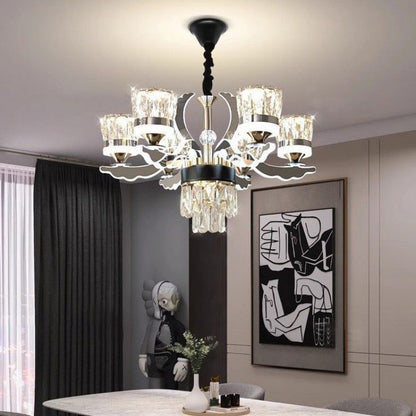 Modern Luxury Stainless Steel Acrylic Crystal Cylinder Lampshade LED Chandelier For Dining Room