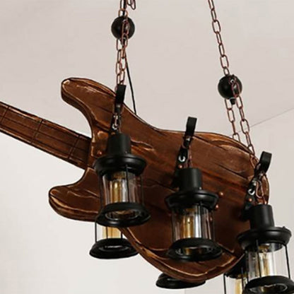 Contemporary Creative Guitar Shape Solid Wood Iron 6 - Light Chandelier For Dining Room