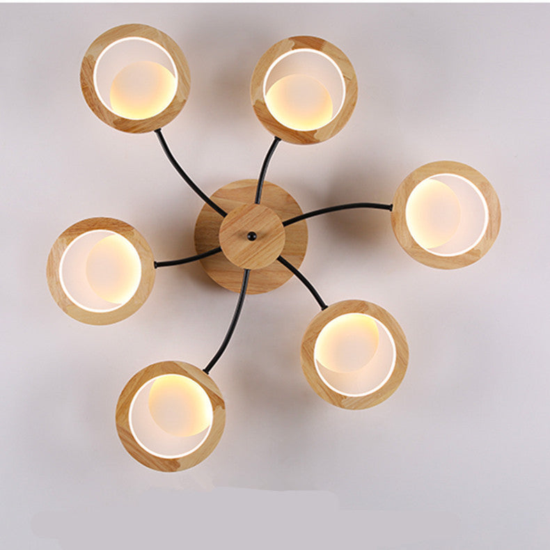 Contemporary Nordic Dome Round Solid Wood Acrylic Lampshade LED Semi-Flush Mount Light For Living Room