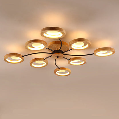 Contemporary Nordic Dome Round Solid Wood Acrylic Lampshade LED Semi-Flush Mount Light For Living Room
